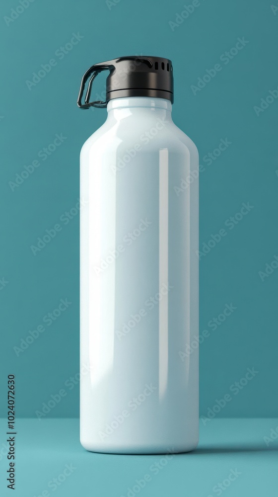 A stainless steel water bottle with a black lid and carrying loop A stainless steel water bottle with a black lid and carrying loop