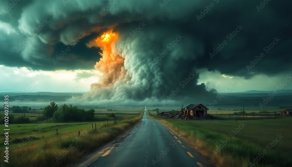Obraz premium Dramatic Storm Cloud with Intense Fireball Over an Abandoned Road and Ruins in Countryside Landscape