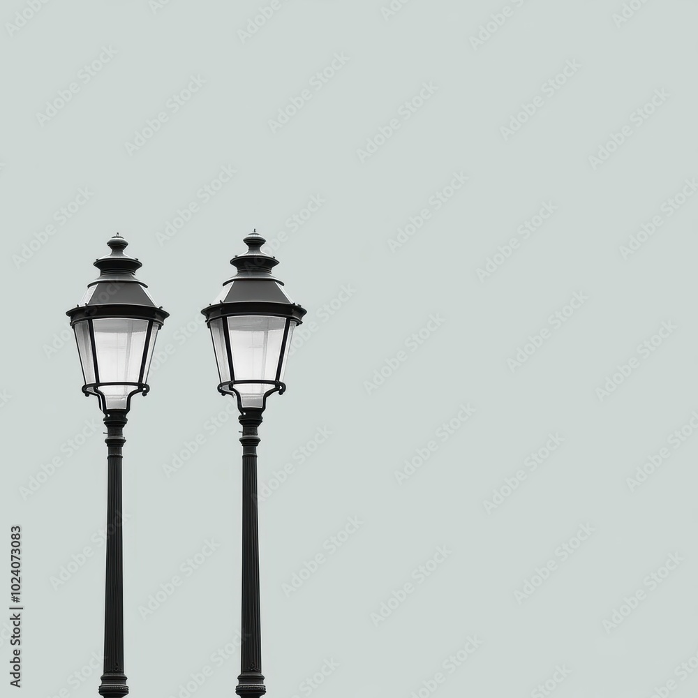 Two ornate lampposts stand tall against a minimalist backdrop Two ornate lampposts stand tall against a minimalist backdrop