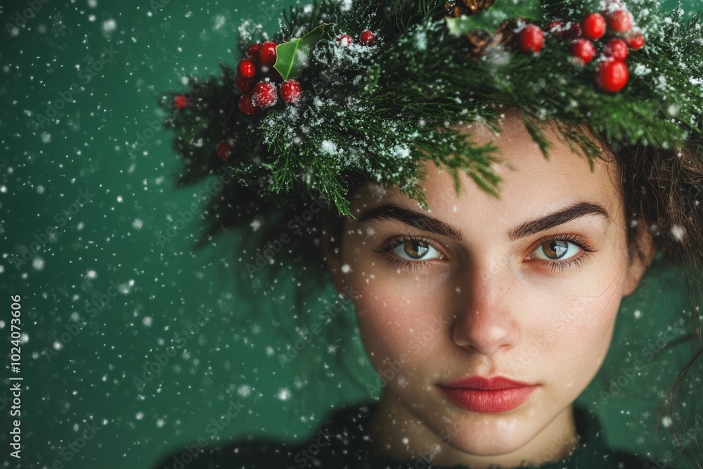 A young woman adorned with a festive Christmas wreath poses against a vibrant green background while snowflakes gracefully fall around her A young woman adorned with a festive Christmas wreath poses against a vibrant green background while snowflakes gracefully fall around her