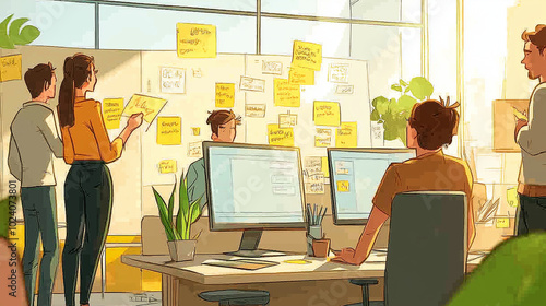 A Comic-Style Representation of a Bustling Office Scene with Team Members Collaborating on Various Projects, Featuring a Computer Screen Displaying Project Management Software and Brainstorming with S