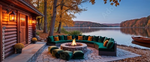 a cozy lakeside setting. The layout includes a wooden cabin on the left with warm, glowing lanterns hanging by the entrance.