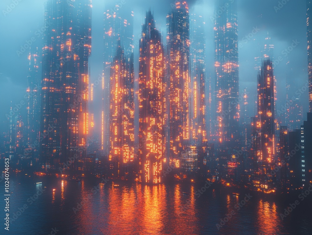 Futuristic cityscape with glowing skyscrapers reflected in water, creating a surreal and hazy atmosphere. Futuristic cityscape with glowing skyscrapers reflected in water, creating a surreal and hazy atmosphere.