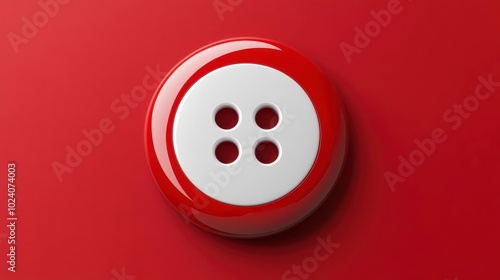 A single round white button with four holes set against a vibrant red background