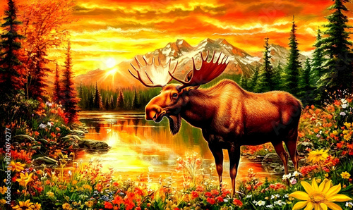 A majestic moose stands in a field of wildflowers at sunset, with a mountain range and a lake in the background. photo