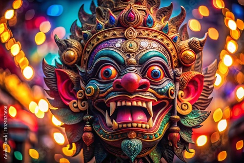 Bali Demon Mask T-Shirt Design with Bokeh Effect for Unique Apparel