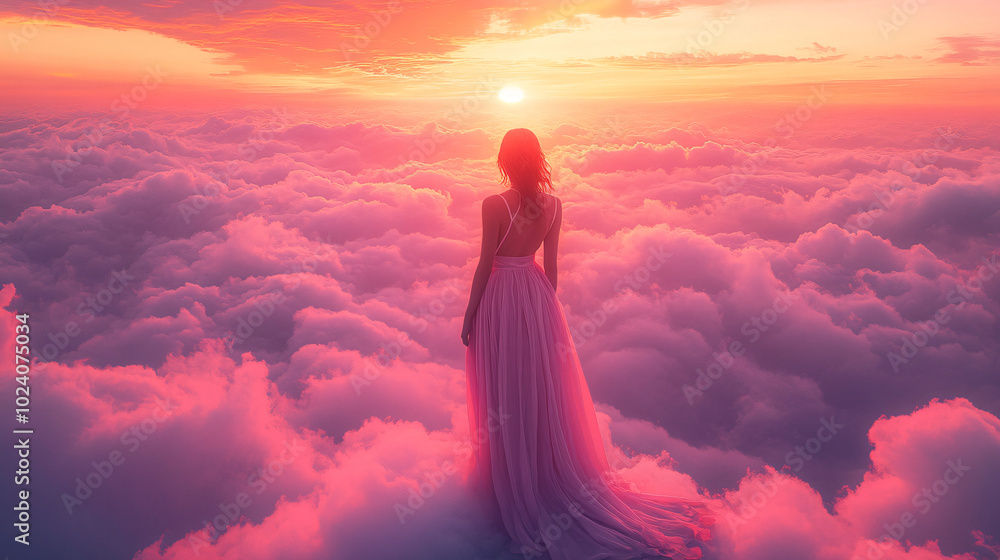 A solitary figure in a flowing pink dress gazing towards the horizon, standing atop a cloud-covered landscape, embodying a serene and tranquil mood. Perfect for women's mental health,... A solitary figure in a flowing pink dress gazing towards the horizon, standing atop a cloud-covered landscape, embodying a serene and tranquil mood. Perfect for women's mental health,...