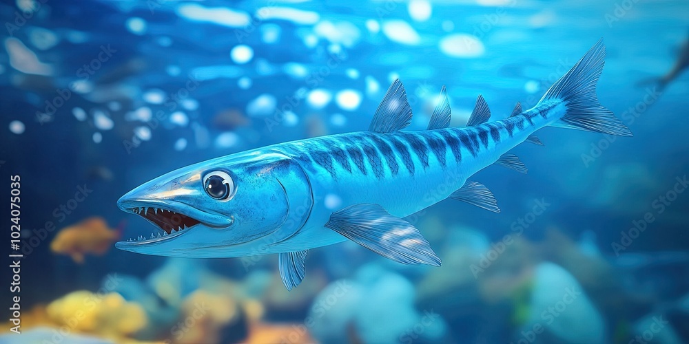 Fototapeta premium Playful 3D barracuda cartoon gliding through the water, 