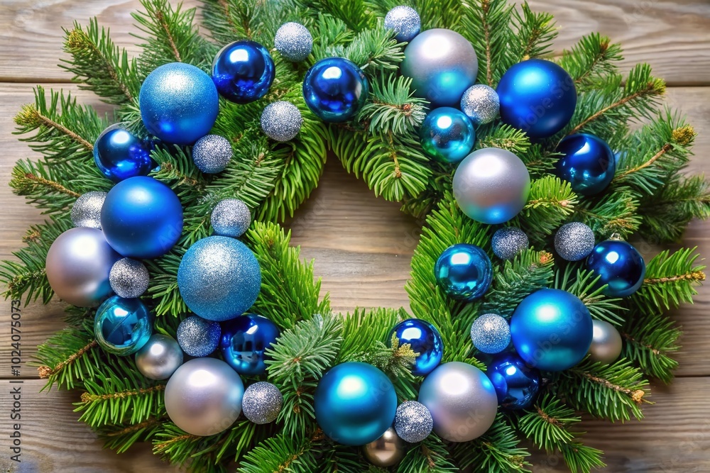 Beautiful Christmas Wreath of Fir Branches Adorned with Blue and Silver Baubles for Festive Home Decor and Holiday Beautiful Christmas Wreath of Fir Branches Adorned with Blue and Silver Baubles for Festive Home Decor and Holiday
