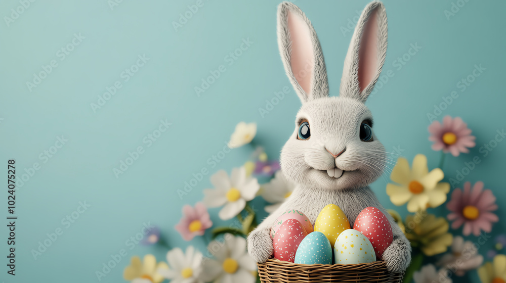 A cheerful rabbit holding a basket filled with colorful Easter eggs, surrounded by vibrant flowers against a light blue background, perfect for spring festivities. A cheerful rabbit holding a basket filled with colorful Easter eggs, surrounded by vibrant flowers against a light blue background, perfect for spring festivities.