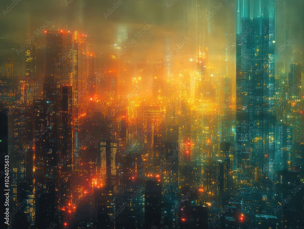 A futuristic city skyline with neon lights and a hazy atmosphere. A futuristic city skyline with neon lights and a hazy atmosphere.