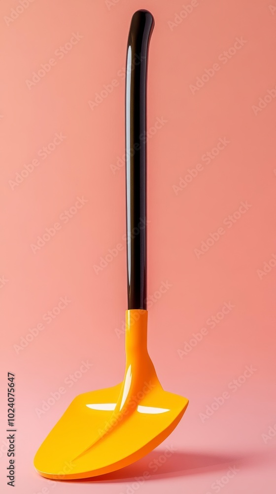 A yellow shovel with a black handle stands upright A yellow shovel with a black handle stands upright