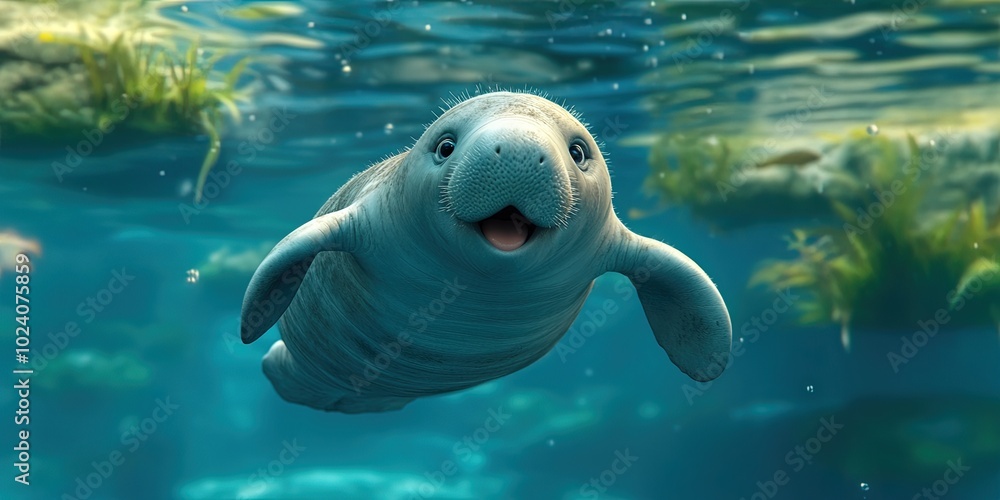Fototapeta premium Playful 3D manatee cartoon gliding through the water, 