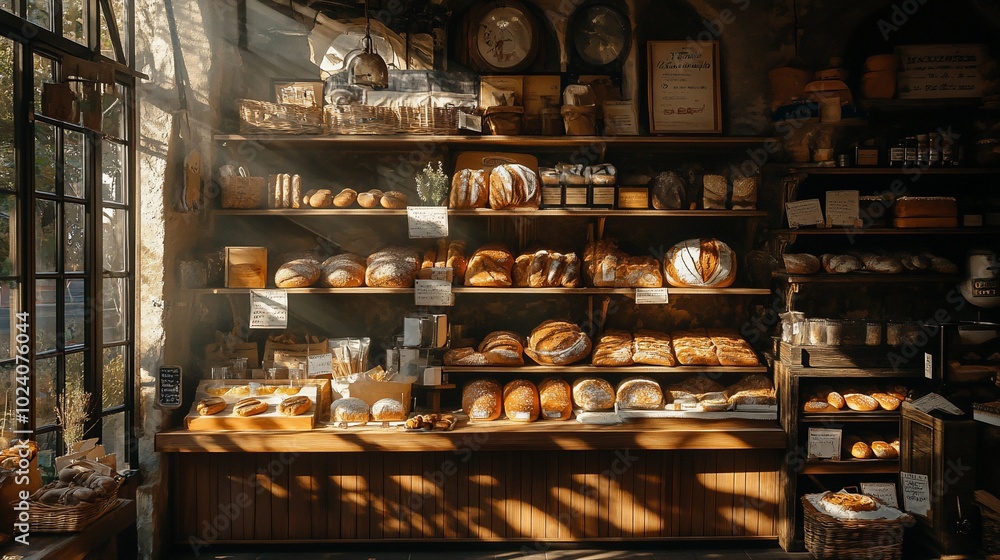 Sunbeams illuminate shelves of freshly baked bread in a charming bakery. Sunbeams illuminate shelves of freshly baked bread in a charming bakery.