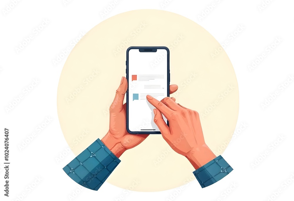 custom made wallpaper toronto digital"A vector illustration of a hand holding a smartphone, with text messages being typed on the screen, all within an oval frame on a white background."