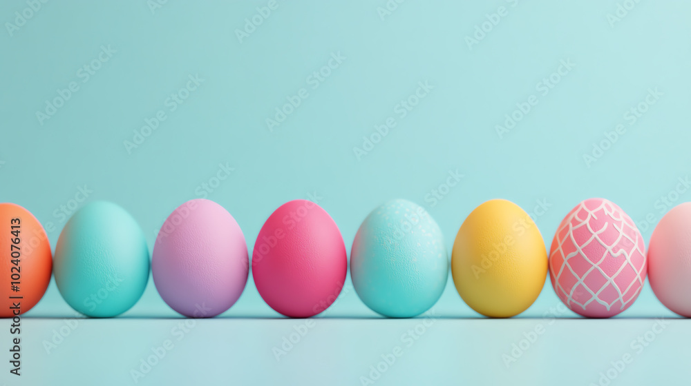 A vibrant display of colorful Easter eggs arranged in a row against a mint-colored background, perfect for seasonal decor and festive celebrations. A vibrant display of colorful Easter eggs arranged in a row against a mint-colored background, perfect for seasonal decor and festive celebrations.