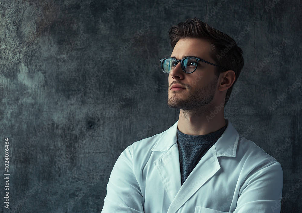 Young doctor in glasses, thoughtful by a wall, symbol of responsibility and dedication Young doctor in glasses, thoughtful by a wall, symbol of responsibility and dedication