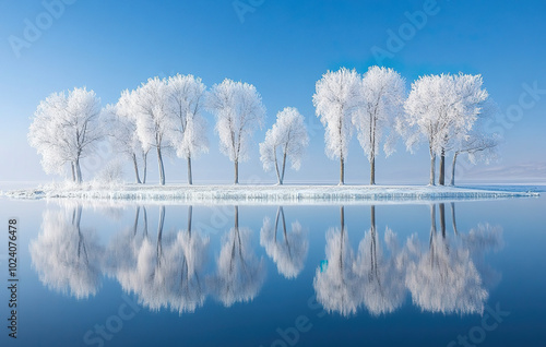 Beautiful scenery of rime with snow on the lake in winter photo