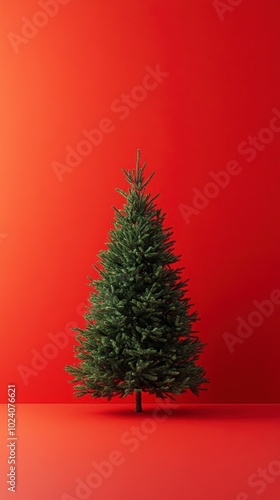 A solitary Christmas tree stands against a plain backdrop