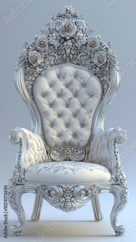 Ornate silver throne with floral details and tufted upholstery photo