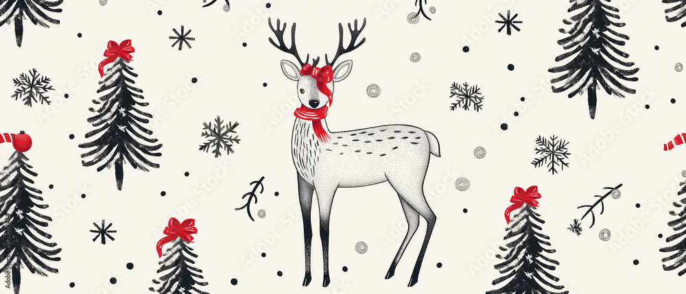 Festive Reindeer and Trees with Snowflakes Festive Reindeer and Trees with Snowflakes