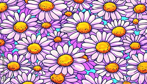 A seamless pattern of hand-drawn daisies in pink and yellow on a blue background.