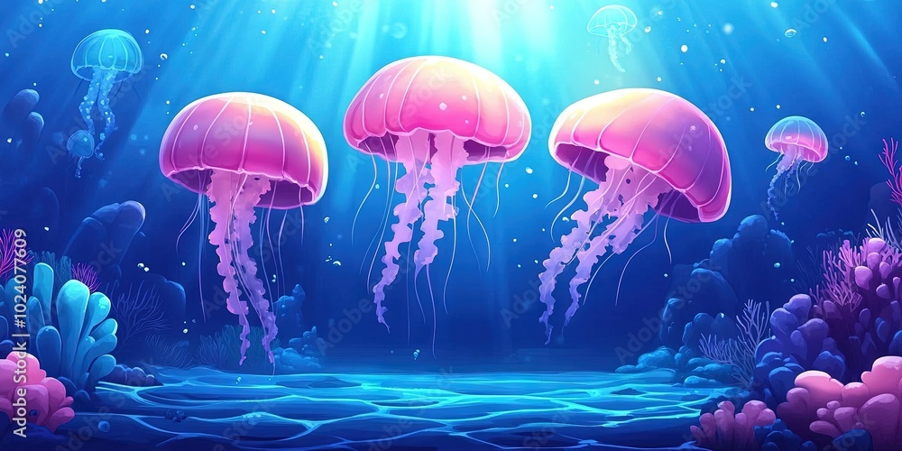 Fototapeta premium Playful jellyfish cartoon gliding through the water, 