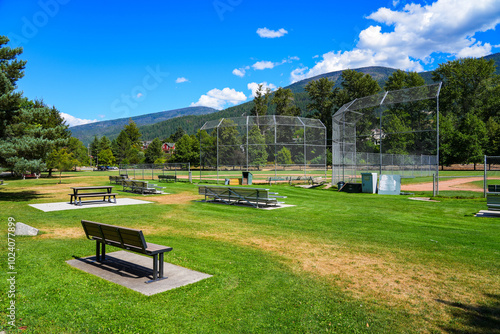 Baseball field in the Rotary Lakeside Park along the shores of the west arm of the Kootenay Lake in Nelson, British Columbia, Canada photo