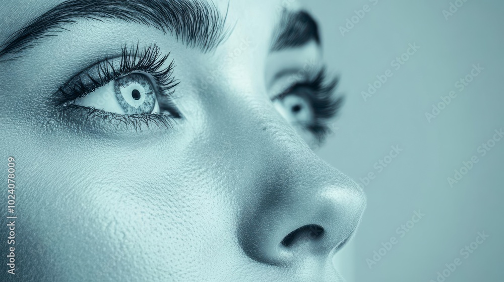 Close-up portrait of a womans face with piercing blue eyes looking up Close-up portrait of a womans face with piercing blue eyes looking up