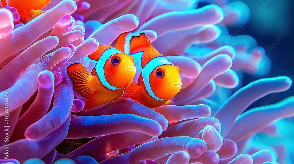 Playful Clownfish in Vibrant Anemone Habitat Playful Clownfish in Vibrant Anemone Habitat