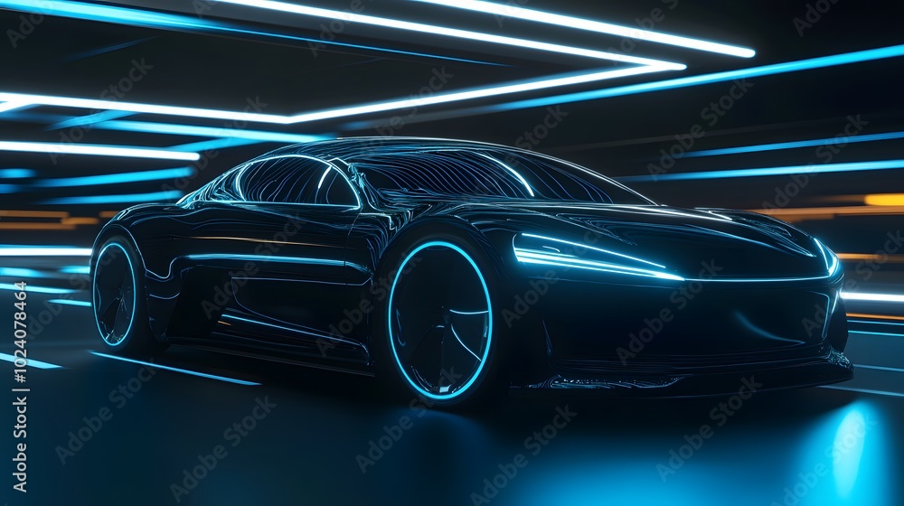 black futuristic electric car with blue light. Concept of future. 3d rendering. black futuristic electric car with blue light. Concept of future. 3d rendering.