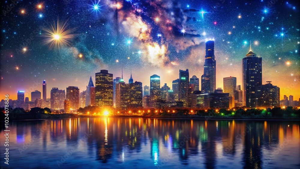Breathtaking Nightview of a City Skyline Illuminated by Twinkling Lights and Starry Sky for Stunning Visuals and Breathtaking Nightview of a City Skyline Illuminated by Twinkling Lights and Starry Sky for Stunning Visuals and
