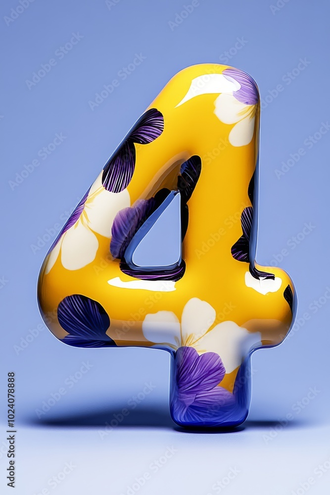 A modern minimalist tabletop with a number 4 isolated product, firmly attached, featuring vibrant handpainted floral patterns in Russian folk art style with glossy yellow and purple colors. A modern minimalist tabletop with a number 4 isolated product, firmly attached, featuring vibrant handpainted floral patterns in Russian folk art style with glossy yellow and purple colors.