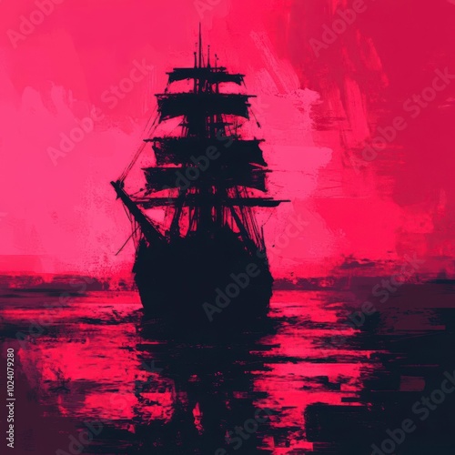 A silhouette of a sailing ship on the water with a fiery sky in the background