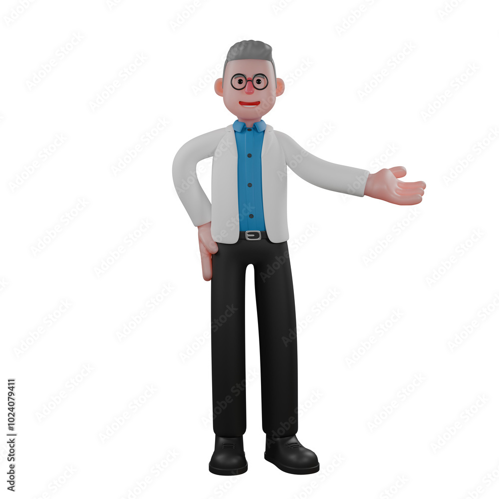 3D Professional Physicist Character. A male physicist stands with his right hand outstretched to the side with his palm facing up. Male Thermodynamics Expert 3D Professional Physicist Character. A male physicist stands with his right hand outstretched to the side with his palm facing up. Male Thermodynamics Expert