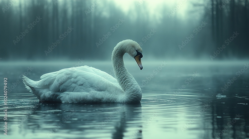 Fototapeta premium Elegant Swan in Misty Lake: A Serene Nature Scene