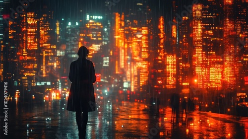 A lone figure walks through a rainy cityscape at night, the neon lights reflecting in the puddles.