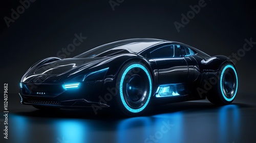 black futuristic electric car with blue light. Concept of future. 3d rendering. 