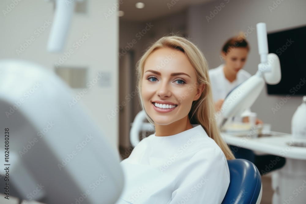A woman is sitting comfortably in a dental chair, smiling brightly as she enjoys the positive experience of her dental appointment A woman is sitting comfortably in a dental chair, smiling brightly as she enjoys the positive experience of her dental appointment