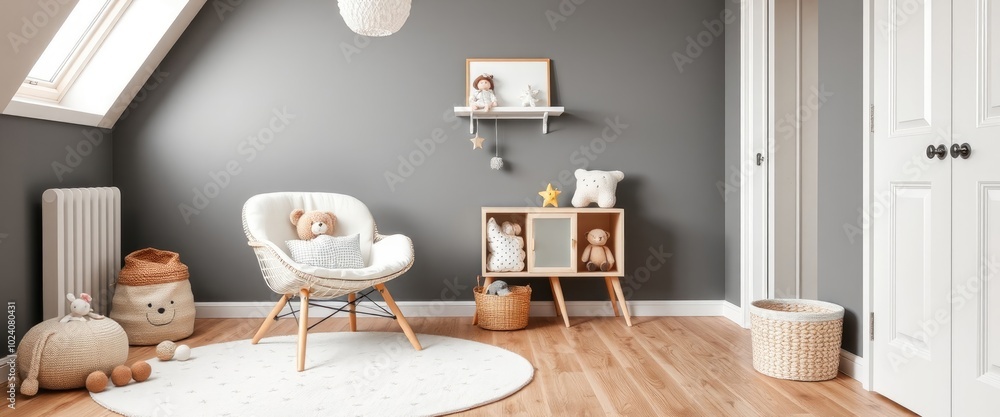 Fototapeta premium Baby room with toys, chair, basket, and teddy bear. Gray walls with stars. AI generate.