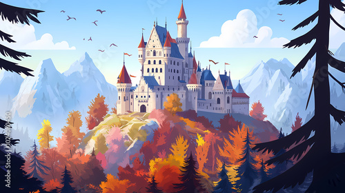 The castle among colorful trees, sitting on the mountain, like a king in his magical kingdom of na. Bavarian Castle. Illustration photo