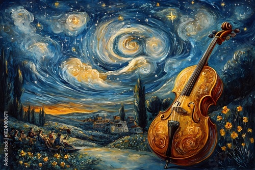 A Violin Rests Beneath a Starry Night Sky