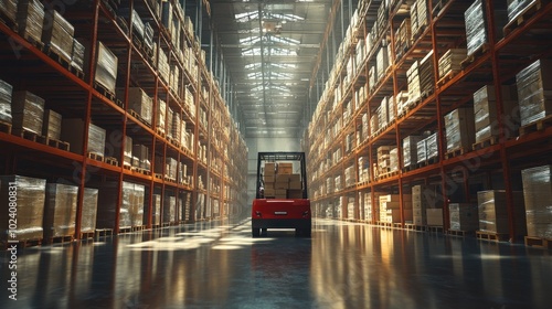 Modern warehouse with orange metal shelving filled with boxes and a red forklift transporting cardboard boxes through a glossy aisle