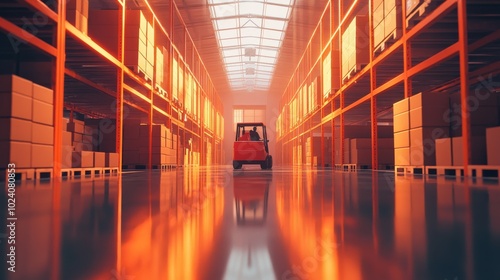 Modern warehouse with orange metal shelving filled with boxes and a red forklift transporting cardboard boxes through a glossy aisle
