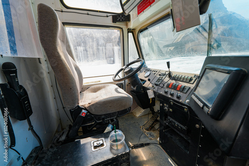 Conductor seat of an Ice Explorer massive truck used for glacier tours at the Columbia Icefield in the Jasper National Park, Alberta, Canada