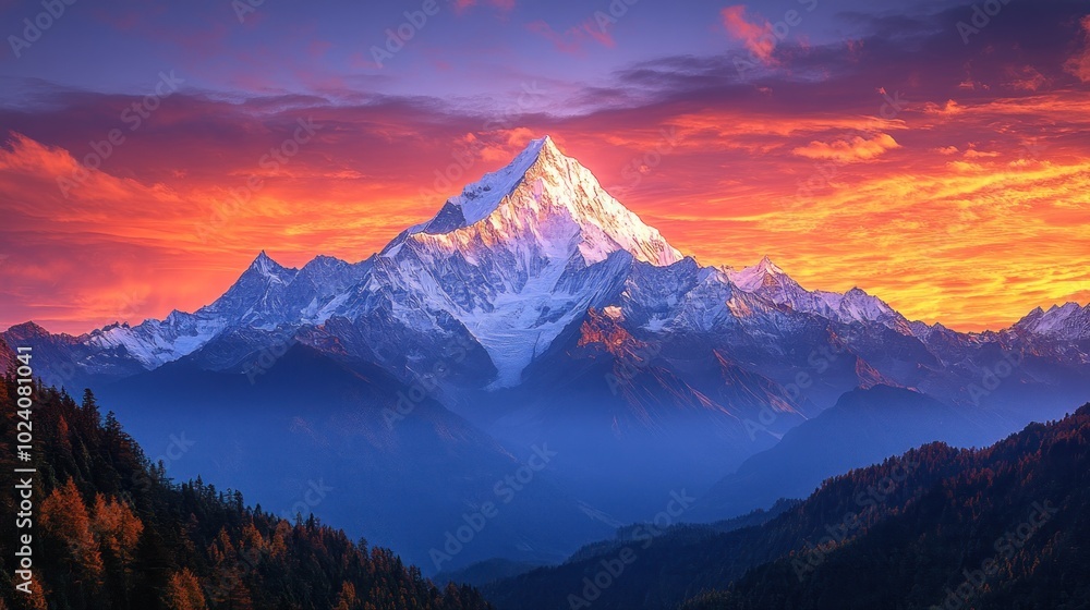 A majestic snow-capped mountain peak rises above the horizon, illuminated by a vibrant, fiery sunset, with a breathtaking view of the surrounding forest and hazy mountains. A majestic snow-capped mountain peak rises above the horizon, illuminated by a vibrant, fiery sunset, with a breathtaking view of the surrounding forest and hazy mountains.