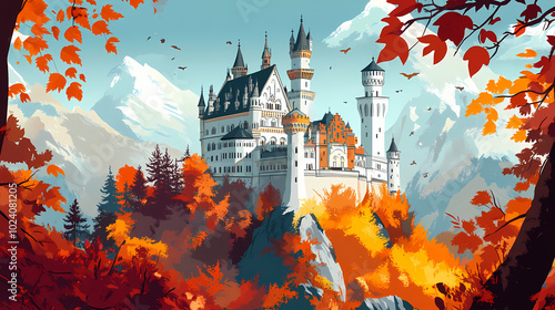 The castle among colorful trees, sitting on the mountain, like a king in his magical kingdom of na. Bavarian Castle. Illustration photo