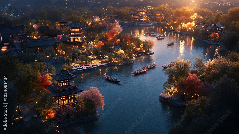 Aerial photography of the river in the ancient city Aerial photography of the river in the ancient city