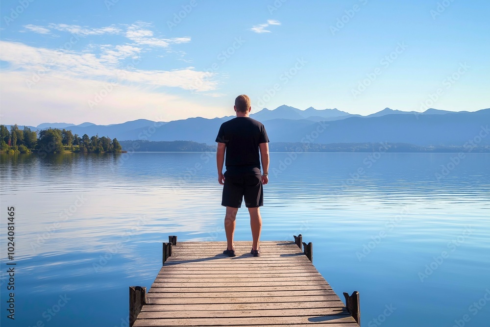 A person stands on a wooden dock overlooking a calm lake, with mountains under a clear sky, symbolizing peace, reflection, and solitude in nature's embrace. A person stands on a wooden dock overlooking a calm lake, with mountains under a clear sky, symbolizing peace, reflection, and solitude in nature's embrace.