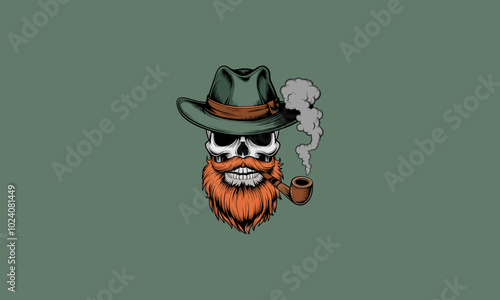 Skull with beard, pipe, and green hat.